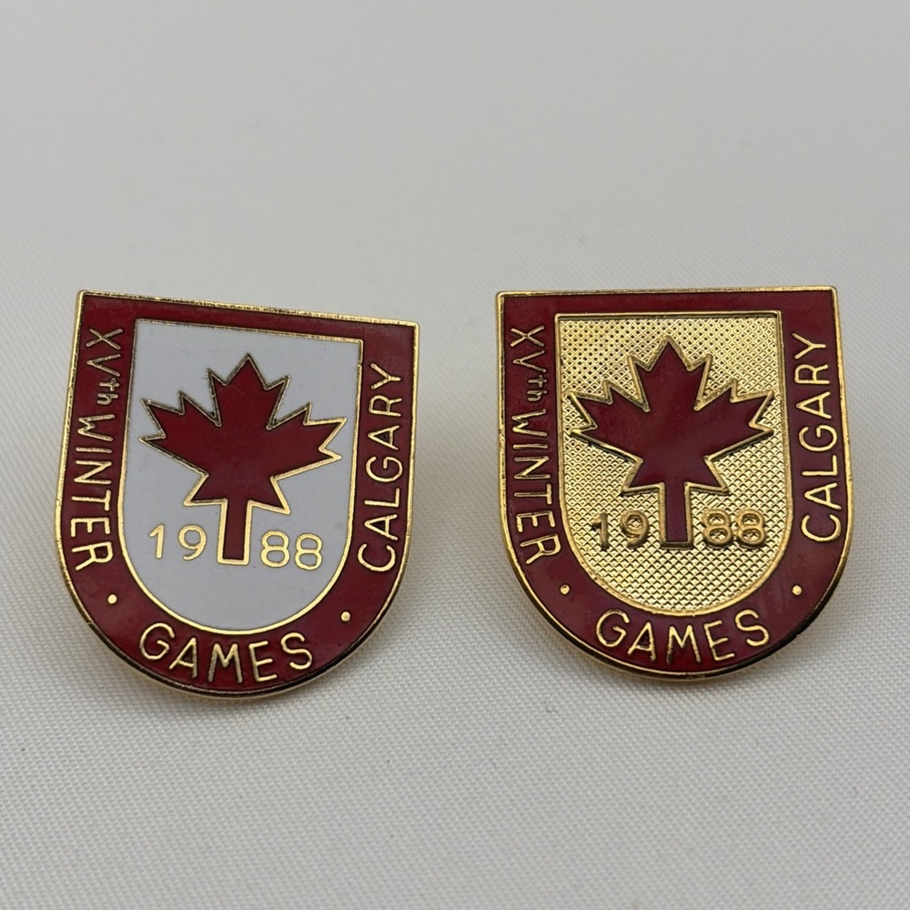 Set Of 2 Vintage 1988 Calgary XV Winter Olympic Games Pins Maple Leaf Shield